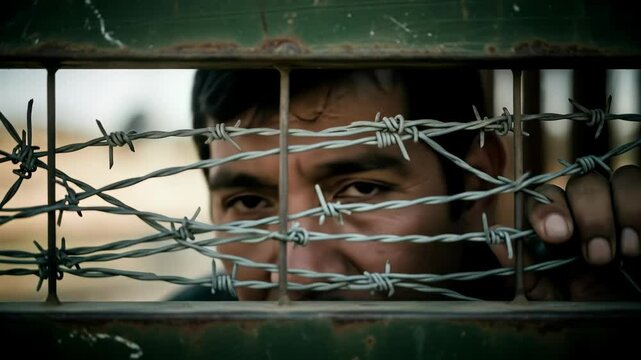 Mexican refugee man standing at the closed border looking through a barbed wire fence at the border, depicting a refugee's struggle for freedom and safety. Immigration issue.