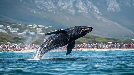 Obraz premium Humpback whale breaches in the ocean, near a crowd of people on the beach.