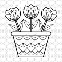 Elegant Line Art Illustration of Three Blooming Flowers in a Decorative Pot