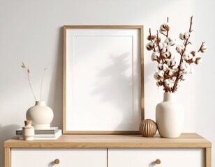 Minimalist home decor featuring a blank frame cotton stems and ceramic vases on a wooden dresser