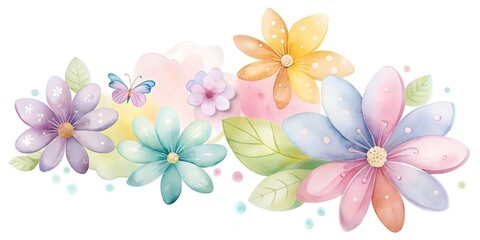 Background and banner decorated with pastel colors blooming flowers and leaves. Spring, Easter, Summer theme with dragonfly, butterfly and bee
