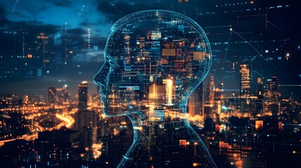 Fototapeta premium A futuristic representation of artificial intelligence merging with modern city architecture, symbolizing the connection between human minds and advanced technology in urban enviro