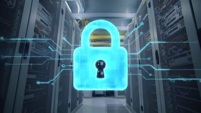 Cybersecurity concept with digital lock icon over server room background