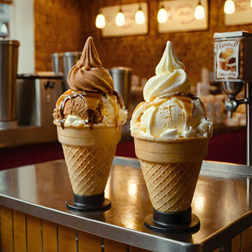Plane pastel pink background. Wafel cone with two scoops of ice cream. Icream of mint and yellow color