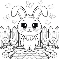 Adorable Bunny Rabbit Coloring Page Big Eyes, Flowers, and Butterflies