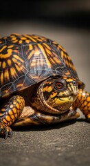 Obraz premium Close up photo of beautiful yellow and brown box turtle, wildlife photopraghy