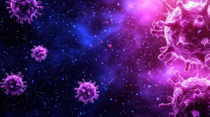 Abstract representation of viruses in a cosmic setting with vibrant colors and intricate details in space