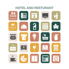 Comprehensive collection of 24 hotel and restaurant icons, featuring essential services, amenities, and hospitality related items, ideal for tourism and food service designs