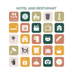 Comprehensive collection of 24 hotel and restaurant icons, featuring essential services, amenities, and hospitality related items, ideal for tourism and food service designs