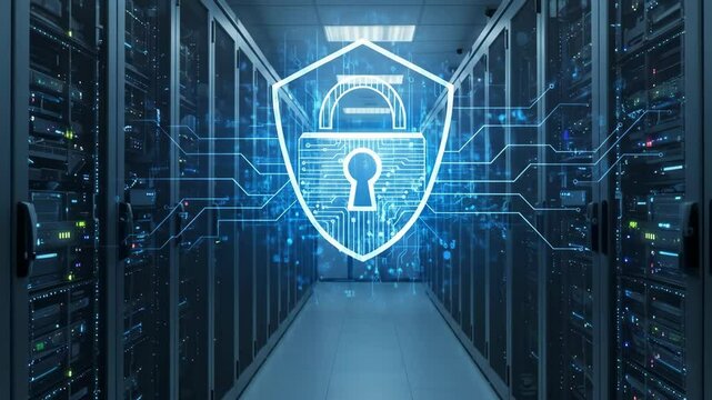 Cybersecurity concept with digital lock icon over server room background