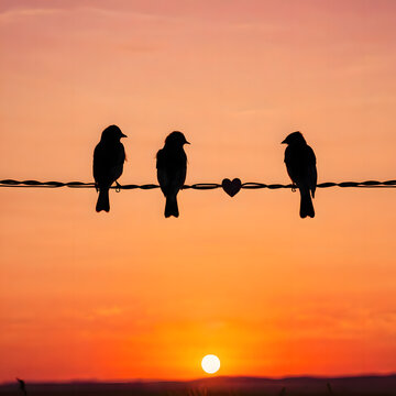 Bird Silhouette with Sunset Background, Romantic Bird Image, Nature Photography, Nesting Birds Picture, Wildlife Evening Shot