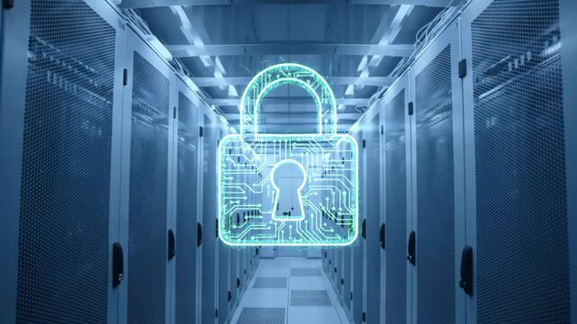 Cybersecurity concept with digital lock icon over server room background