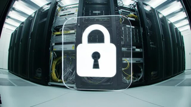 Cybersecurity concept with digital lock icon over server room background