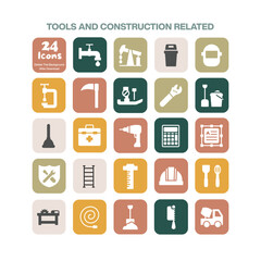 A robust collection of 24 flat design icons for tools and construction related themes including equipment building materials and various handyman implements for diverse projects