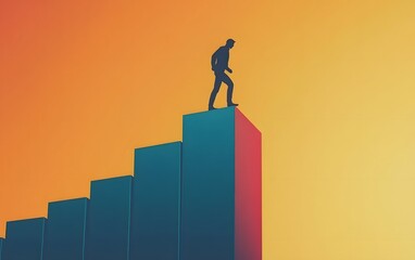 A silhouette of a person standing atop ascending bars against a vibrant sunset background, symbolizing growth, progress, and achievement in the business world.