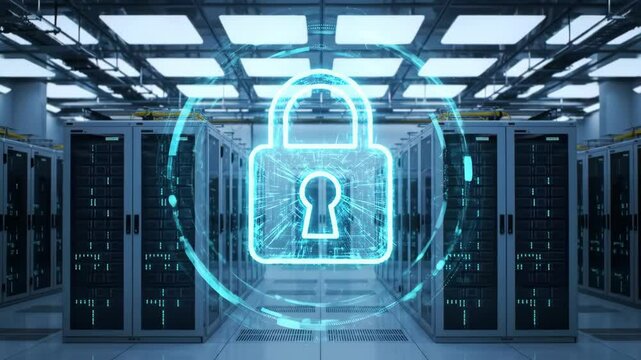 Cybersecurity concept with digital lock icon over server room background