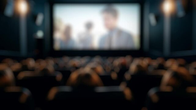 Blurred audience enjoying a love story projected on the big screen in a movie theater
