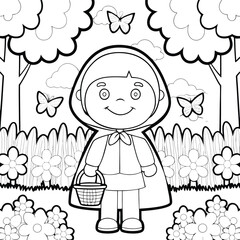 Joyful Child in Red Riding Hood Costume Coloring Page  Printable Illustration