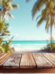 Tropical beach background with wooden table for product display summer vacation concept