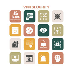 A vital collection of 15 flat design icons focusing on VPN security and cyber protection concepts including data encryption network defense and online privacy for digital themes