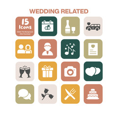 A charming collection of 15 flat design wedding icons capturing elements of marriage celebration and romantic events perfect for invitations and related digital content