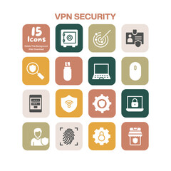 A vital collection of 15 flat design icons focusing on VPN security and cyber protection concepts including data encryption network defense and online privacy for digital themes