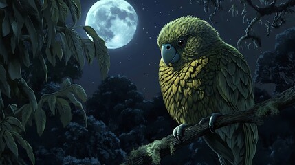 A nocturnal parrot perched on a branch under a full moon.