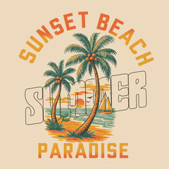 Sunset beach paradise. Tropical summer sunset. Surf and beach. Vintage retro beach print. Beach Paradise Print T-shirt. summer beach sunshine vector print design artwork.