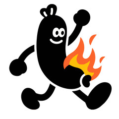 A happy sausage character runs with fire on its leg, in a playful black illustration.