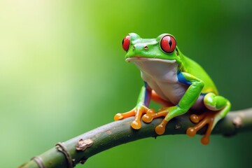 Naklejka premium Green tree frog perched on white, vibrant skin, bright, clean