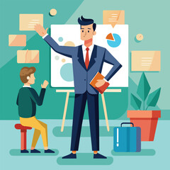 Business presentation with businessman and audience explaining pie chart and statistics