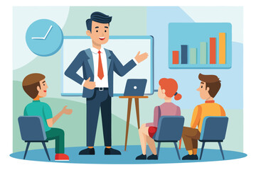 Business presentation with graph and audience in a meeting room illustration