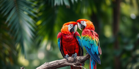 two scarlet macaws perched on a gnarled tree branch