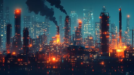 Fototapeta premium A vibrant industrial landscape illuminated by lights and smokestacks at night.