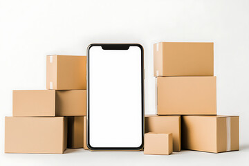 E-commerce solutions via mobile: A smartphone display surrounded by shipping boxes. Streamlining package delivery with digital access.