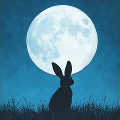 Silhouette of a hare beneath a luminous moon.