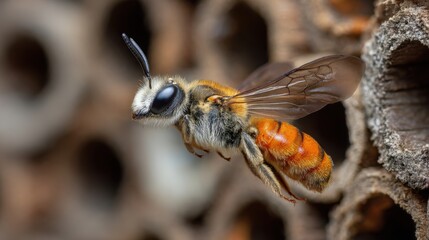 Close Up of a Female Leafcutter Bee Megachile Species Flying Near Nest Cells Macro Shot