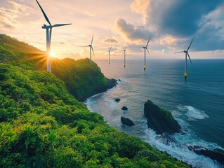 Offshore wind farm generating clean energy at sunset aerial view from lush green coastline eco friendly power source