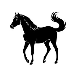A black silhouette illustration of a horse, elegantly posed.