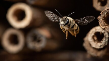 Close-up of a solitary bee in flight near a bee hotel; macro shot of a bee pollinating in the garden; insect conservation