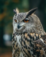 Eurasian eagle owl portrait in natural light looking left with intense orange eyes and feathered ear tufts in a forest