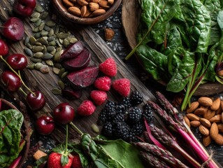 Overhead close up of fresh berries nuts and vegetables on rustic wooden board healthy eating concept studio shot