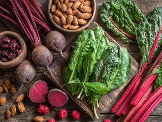 Overhead shot of fresh beets, chard, raspberries and almonds on wooden surface for healthy eating concept