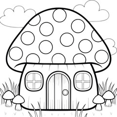 Whimsical Mushroom House Coloring Page Cute Cottage Illustration