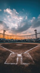 Empty Baseball Field at Sunset, Low Angle View of Home Plate and Infield, Stadium with Cityscape in Background, Dramatic Sky