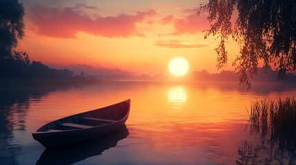 Peaceful sunset over a still lake with a small boat.