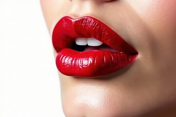 Obraz premium Bold red lip color against stark white, perfect for cosmetic ads, beauty, texture, makeup
