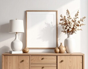 Minimalist interior featuring a blank framed print lamp and floral arrangement on a wooden cabinet