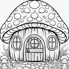 Charming Cartoon Mushroom Cottage Coloring Page Whimsical Fantasy Home Illustration © Silhouette boss 7067