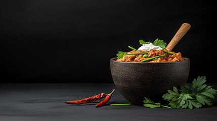 Spicy Chili in Dark Bowl with Sour Cream and Chives